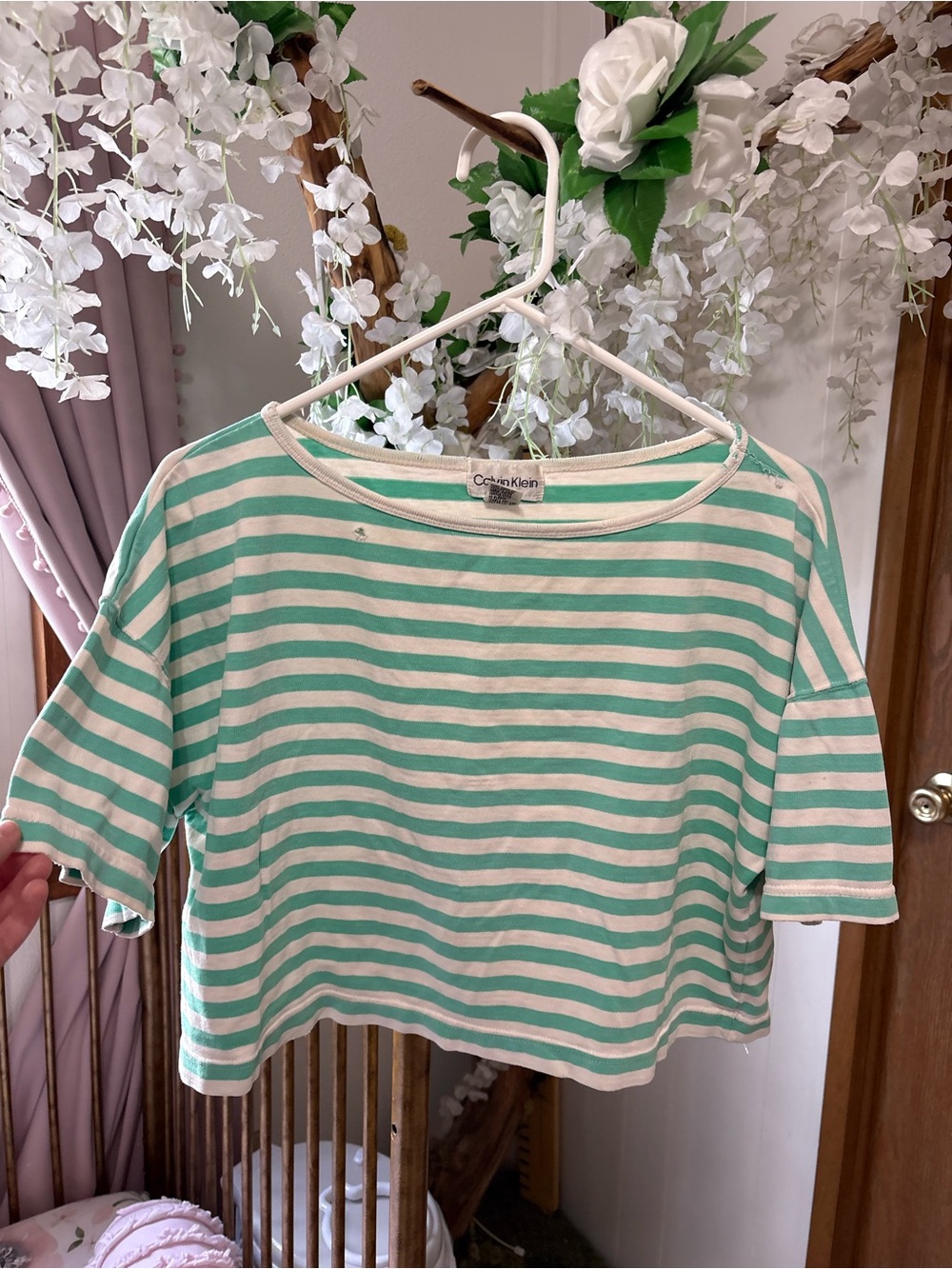 Calvin Klein Vintage Women's Mint Green & White Striped Cropped Top